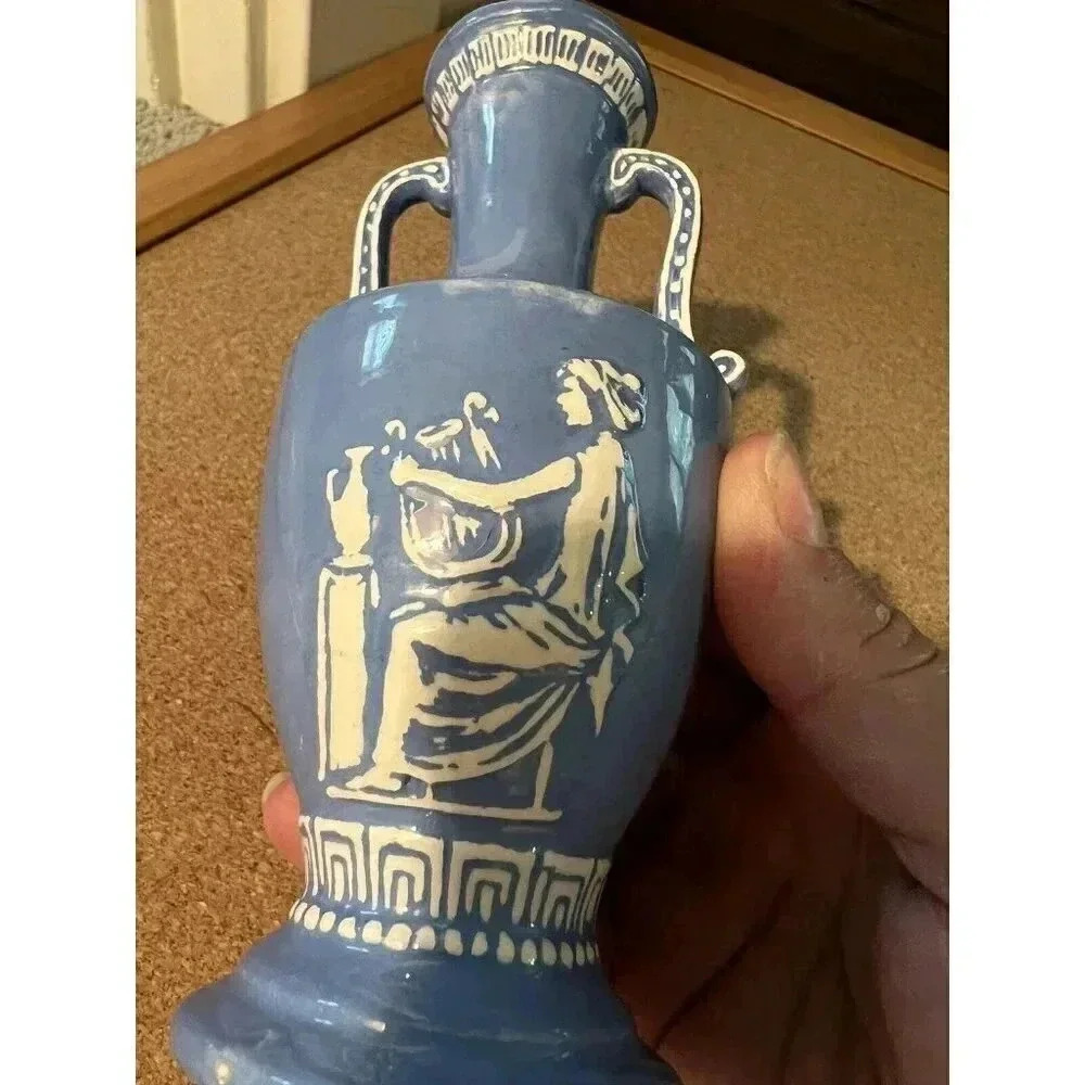 Vintage Greek Inspired Blue Handmade Vase 1977 Woman Playing Music - Picture 6 of 6